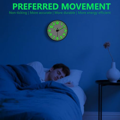 Glow in The Dark Wall Clock, 8" Silent Non-Ticking Wall Clocks Battery Operated, Large Easy Read Numbers Tempered Glass Night Light Analog Clock for Bedroom Living Room Kitchen Office, White - color: White Green, size: 8 Inch