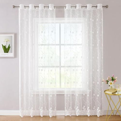 WUBODTI Luxury White Lace Sheer Curtains 96 Inches Long 2 Panels for Living Room, Elegant Vine Floral Embroidered Sheer Curtain Cute Grommet White Tulle Curtain Drapes for Bedroom, Girls Room Decor - size: 52"W x 96"L (Pack of 2)