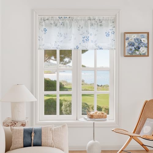 Beauoop Linen Floral Semi Sheer Valance Curtains Kitchen Blue Grey 52x18x1 - color: Rod Pocket | Blue and Grey, size: 50"W x 18"L (Pack of 1)