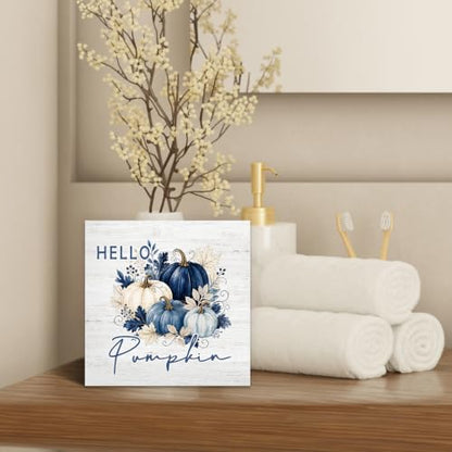 Blue and White Fall Pumpkin Wood Box Sign Desk Decor 5X5 - color: Navy Blue & Cream