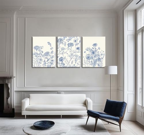 Blue Botanical Canvas Wall Art, 3 Piece Gallery Wrapped Set, 12x16 Inch - color: Blue flowers and grass, size: 12x16 inch