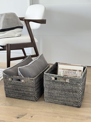 KOUBOO Loma Rectangular Rattan Storage Basket with Handles, Black Wash - color: Black-Wash