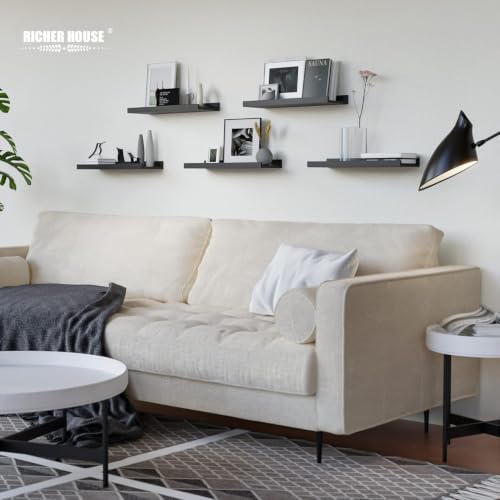 RICHER HOUSE 5-Set Floating Shelves with Lip, Black Wall Mounted Wood Shelf - color: Black, size: 16in