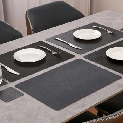 Vinyl Placemats Set of 4, Dual Sided Place Mats with Drink Coasters - color: Black/Dark Gray Two-tone, size: Set of 4