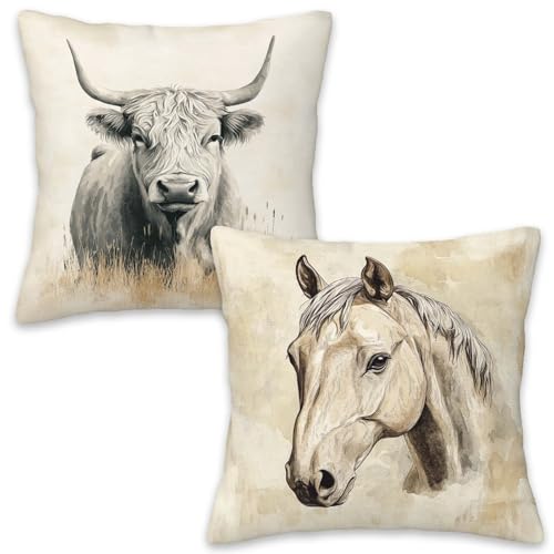 Highland Cow Horse Throw Pillow Covers 18x18 Set of 2, Rustic Farm Animal Decorative Pillow Cases for Couch Sofa Bed Living Room Bedroom Country Home Decor - color: Cow Horse