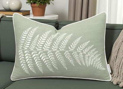 Rudransha Botanical Fern Leaf Embroidery Lumbar Pillow Cover - 14x24 Light Green Cotton - color: Light Green-ferny, size: 24" x 14" (Pack of 1)