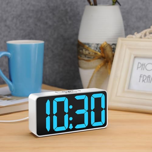 DreamSky Small Digital Alarm Clock for Bedroom with Large Big Numbers - color: White Case Blue Digits