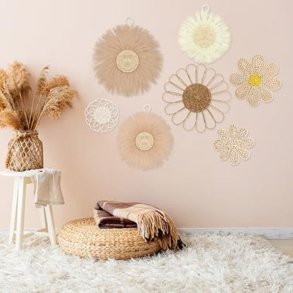 Chunful 7 Pcs Boho Wall Basket Decor Rattan Flower, Light Beige Yellow - color: Light Beige Yellow