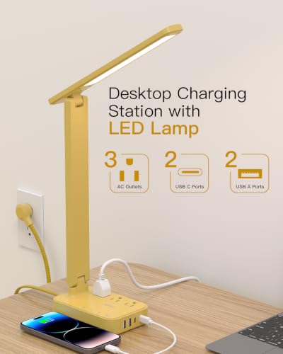 Addtam LED Desk Lamp, Power Strip with 3 Outlets 4 USB Charging Ports(2 USBC), 4 Modes 5 Level Brightness Touch Lamp, Small Desk Lamp for Home Office College Dorm Room Essentials, Yellow - color: Yellow, size: 5 FT