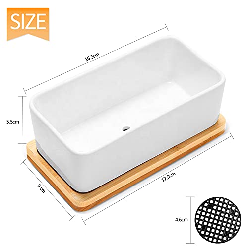 White Ceramic Succulent Planters, Indoor and Outdoor Succulent Planters, Set of 2 Small Cactus Containers, Bonsai Pots, Flower Pots with Drainage Hole and Bamboo Bowl (No Plant) - color: Rectangular