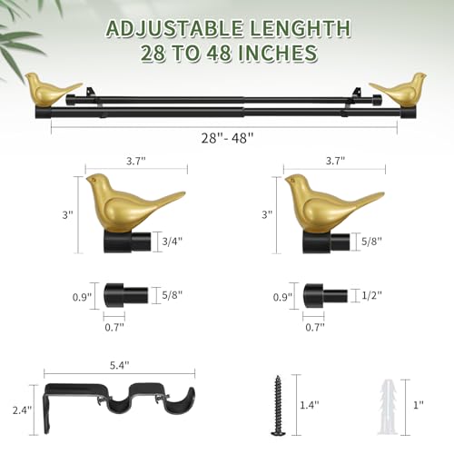 3/4" Diameter Farmhouse Double Window Treatment Curtain Rod, Gold Bird Finials (28"-48", Black Rod) - color: Black with Gold Finial, size: 28"-48"