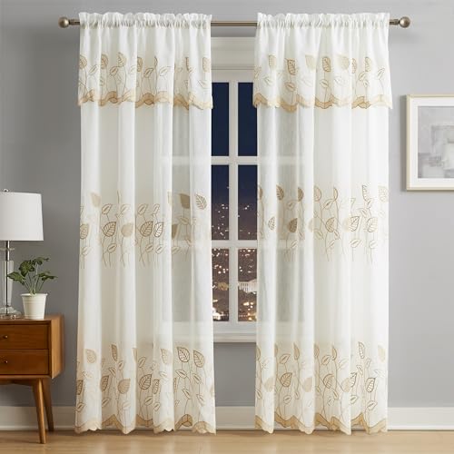 LinenZone 54x96 Linen Color Embroidered Leaf Curtains. (Emma 54x96, Linen) - color: Linen, size: 54"W x 96"L (Pack of 2)