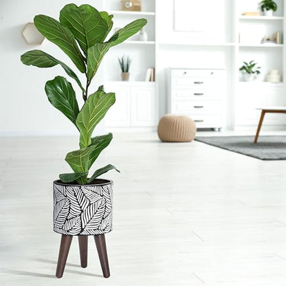 D'vine Dev 8 Inch Planter Pot with Wood Stand, White/Grey, 88-L-A-7 - color: White/Grey, size: Small