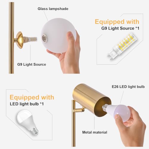 Gold Brass Brushed Floor Lamp, 3-Color Dimmable Bulb, 63" Tall - color: Gold