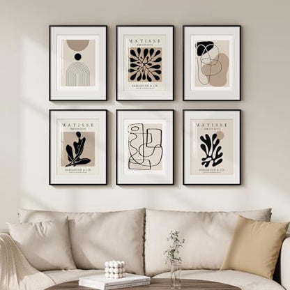 Framed Neutral Abstract Wall Art for Living Room, Set of 6 Canvas Prints - color: Matisse and Geometry