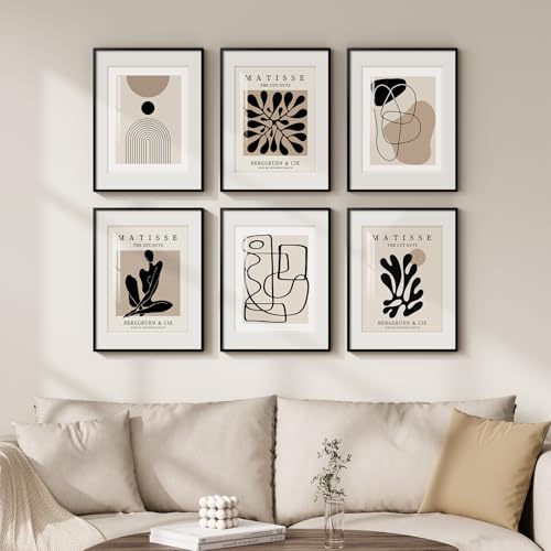 Framed Neutral Abstract Wall Art for Living Room, Set of 6 Canvas Prints - color: Matisse and Geometry