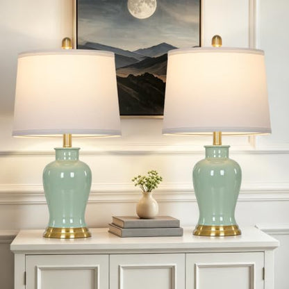 Green Ceramic Lamps Set of 2, Bedroom Lamp with Ginger Jar Design - color: Green