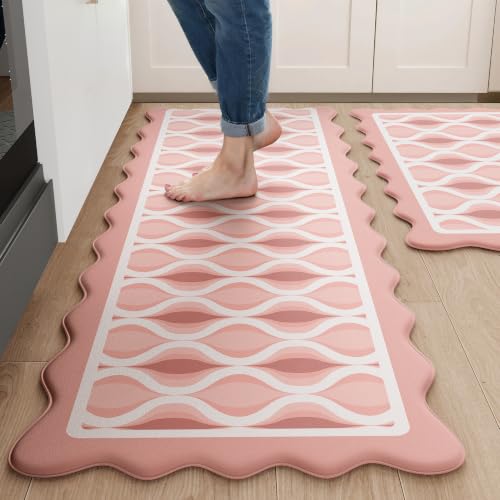 Arenarug Scalloped Wavy Lattice Kitchen Mats for Floor, Pink Kitchen Rugs - color: Blush Pink, size: 17.3"x30"+17.3"x59"