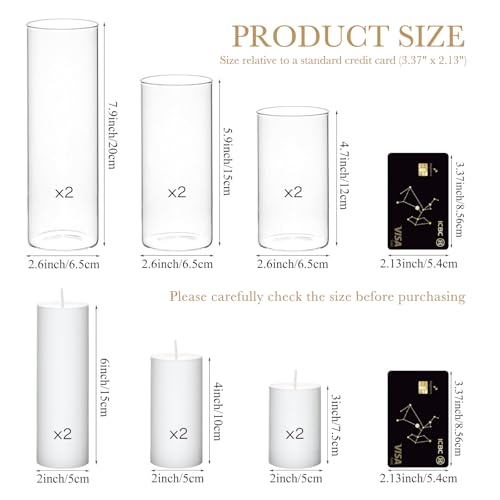 12 Pcs Glass Hurricane Candle Holders Set - White Pillar Candles with Clear Glass Cylinder Vases (6 Candles + 6 Vases) for Wedding, Dating, Party, Table Centerpiece Decor - size: 12 Pcs
