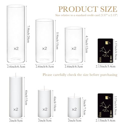 12 Pcs Glass Hurricane Candle Holders Set - White Pillar Candles with Clear Glass Cylinder Vases (6 Candles + 6 Vases) for Wedding, Dating, Party, Table Centerpiece Decor - size: 12 Pcs