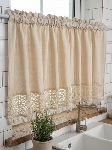 Molaxhome Linen Valances for Windows Boho Kitchen Valance Window Treatments - color: Beige, size: 52"W x 18"L (Pack of 1)