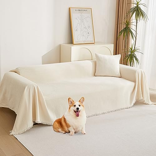 MYSKY HOME Beige Couch Covers Boho Style Chenille for 2 Cushion L-Shape Washable Couch Blanket with Tassel Pet Cushion Cover, 71" X102 - color: Tassels Edge-beige, size: 71" x 102"