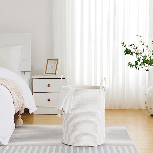 VIPOSCO 58L Tall Woven Rope Laundry Hamper, Leather Handles, White - color: White, size: 58L