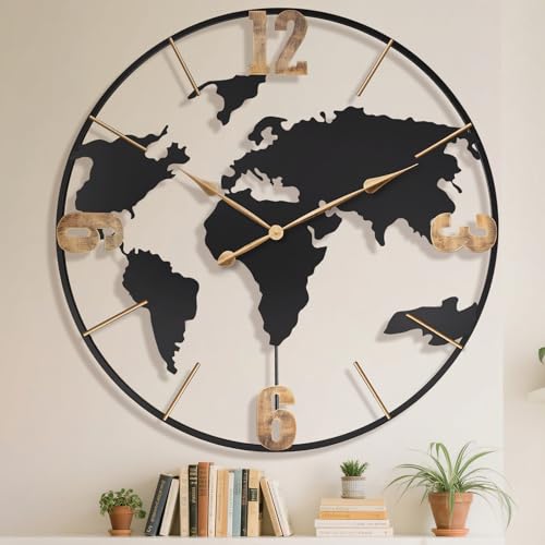 Pytha Sight 36 Inch Large Extra Metal Oversized Arabic World Map Wall Clock - color: Gold Arabic, size: 36 inch