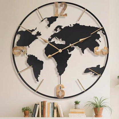 Pytha Sight 36 Inch Large Extra Metal Oversized Arabic World Map Wall Clock - color: Gold Arabic, size: 36 inch