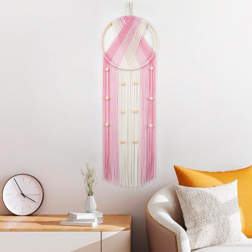 EOBTAIN Pink Macrame Wall Hanging Dream Catchers Pink and Beige Woven Tapestry Wall Art with Ombre Tassel, Boho Macrame Wall Decor for Bedroom Living Room Apartment Home,31.5L x9.84W Inch - color: Pink Beige