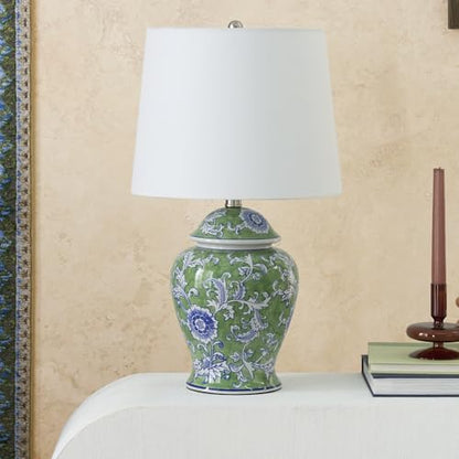Nourison Home 24" Green & Blue Floral Ginger-Jar Ceramic Traditional Table Lamp for Living Room, Bedroom, Dining Room, Reading
