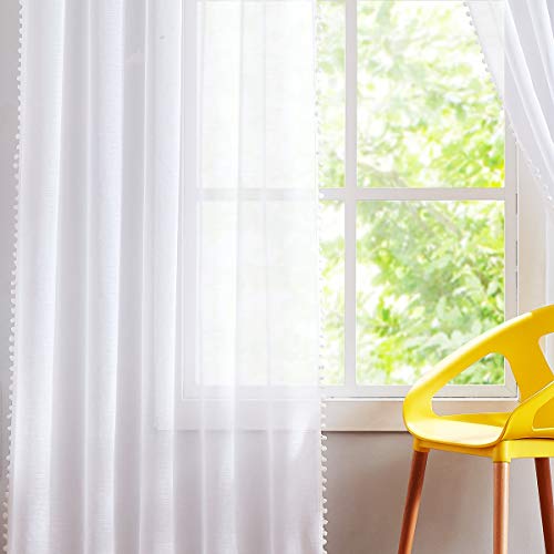 Snow White Sheer Curtains 95" Bedroom Pompom Voile Window Drape Living Room - color: Snow White, size: 52"W x 95"L (Pack of 2)
