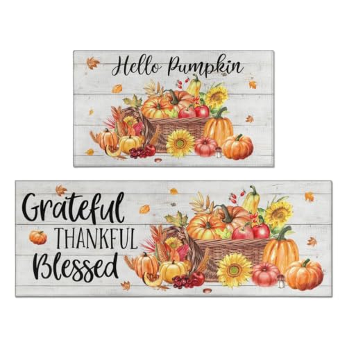 Fall Kitchen Rugs Set of 2,Fall Entrance Door Mats Wood Grain Pumpkin Non Slip Kitchen Rug,Washable Anti Fatigue Mat,Kitchen Floor Washable Runner Rug,Autumn Thanksgiving Kitchen Laundry 17x30+17x47In - color: Watercolor Pumpkin
