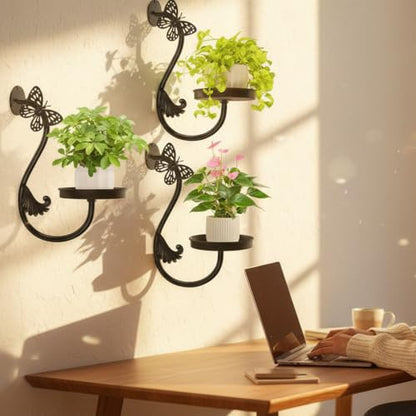 Metal Wall Plant Holder 3Pcs Indoor Outdoor Wall Flower Shelf - color: Black-Butterfly-3Pcs