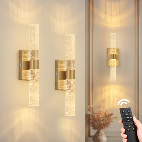 Battery Operated Wall Sconces Set of 2, 20000mAh Rechargeable Wall Light | Remote Control 3000K-6000K Dimmable LED Wireless Sconces,Gold,15.6 Inch - color: Gold, size: 15.6 Inch