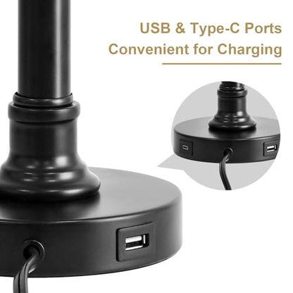 Oneach 19.5" Small Table Lamp for Bedroom, Rustic Black Lamp, USB A+C - color: Matte Black