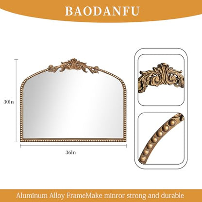 BAODANFU Baroque Arched Wall Mirror Entryway, Gold Vanity Mirror Decorative - size: 30"L x 36"W