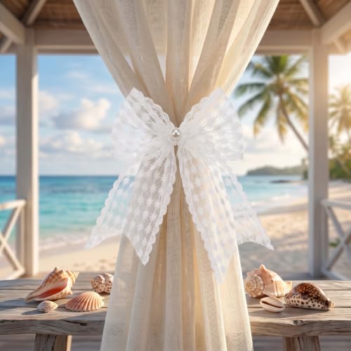 White Lace Bow Curtain Tiebacks 6-Pack, Vine Floral Curtain Holdbacks - color: White Star Flower