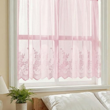 Molaxhome Kitchen Curtains Valance Pink Lace Floral Semi Sheer Curtain - color: Pink, size: 29"W x 24"L (Pack of 1)