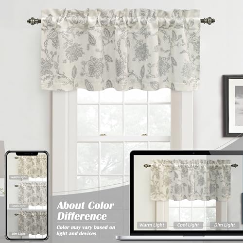 DriftAway Freda Jacobean Floral Linen Blend Blackout Thermal Insulated Energy Saving Privacy Window Linen Curtain Valance Rod Pocket 2 Layers Single 52 Inch by 18 Inch Plus 2 Inch Header Gray Beige - color: Grey, size: 52"W x 18"L (Pack of 1)