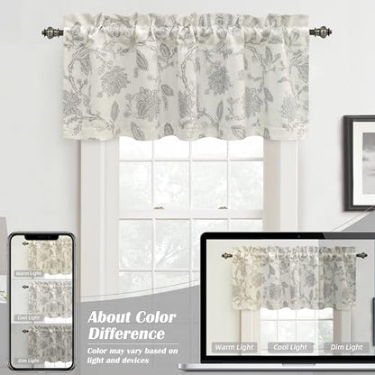 DriftAway Freda Jacobean Floral Linen Blend Blackout Thermal Insulated Energy Saving Privacy Window Linen Curtain Valance Rod Pocket 2 Layers Single 52 Inch by 18 Inch Plus 2 Inch Header Gray Beige - color: Grey, size: 52"W x 18"L (Pack of 1)