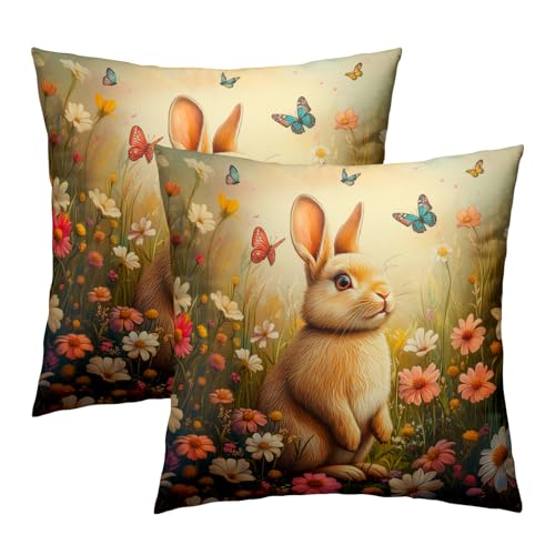 Giwawa Easter Bunny Throw Pillow Covers 16x16 Inch Flower Butterfly Decorative Pillowcase Set of 2 Couch Cushion Case for Sofa Home Living Room - color: Bunny Floral, size: 16" x 16" (Pack of 1)