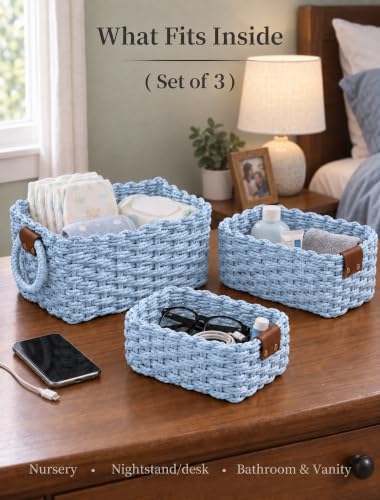 Small Wicker Baskets, 3 PCS Paper Rope Baskets for Shelves, Light - color: Light Blue