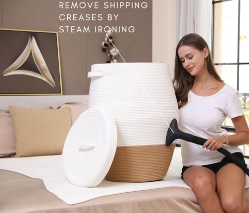 26"x20" Handcrafted Tall Cotton Rope Basket with Lid, Stylish Flagon Shape with Cover, Clothes Hamper with Top, for Bedroom and Living Room, White/Camel Bottom - color: White/Camel Bottom