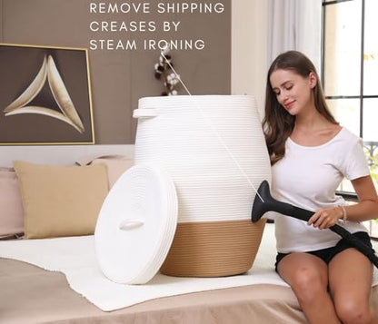 26"x20" Handcrafted Tall Cotton Rope Basket with Lid, Stylish Flagon Shape with Cover, Clothes Hamper with Top, for Bedroom and Living Room, White/Camel Bottom - color: White/Camel Bottom
