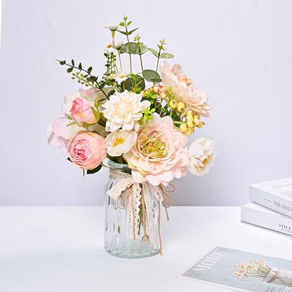 LUEUR Artificial Hydrangea in Vase, Silk Pink Dahlia Flower Bouquet - color: Pink