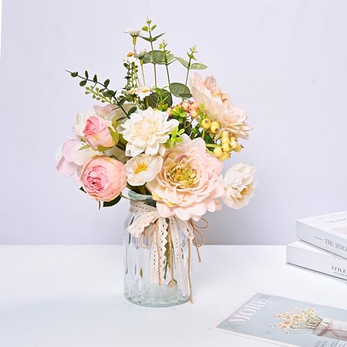 LUEUR Artificial Hydrangea in Vase, Silk Pink Dahlia Flower Bouquet - color: Pink