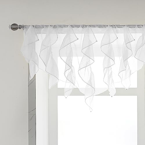 PearAge Ruffled Voile Semi Sheer Curtain Valance, Kitchen Living Room Shabby Chic Ruffle Valance Curtains, Girls Daughters Bedroom Cascade Window Valance 52x26 Inches (White-Triangle) - color: White
