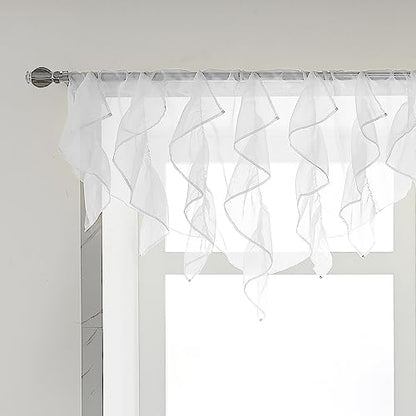 PearAge Ruffled Voile Semi Sheer Curtain Valance, Kitchen Living Room Shabby Chic Ruffle Valance Curtains, Girls Daughters Bedroom Cascade Window Valance 52x26 Inches (White-Triangle) - color: White