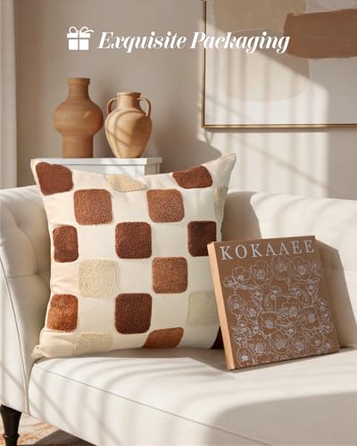 Fall Embroidered Throw Pillow Cover 18x18 Inch, Brown Checkered - color: Brown Checkered, size: 18" x 18" (Pack of 1)